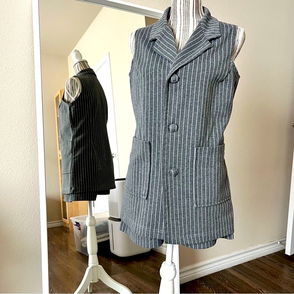 Gray Pinstripe Sleeveless Blazer Vest and Short Set
